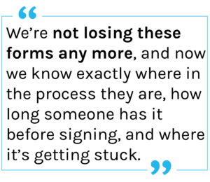 Quote: We’re not losing these forms any more, and now we know exactly where in the process they are, how long someone has it before signing, and where it’s getting stuck.